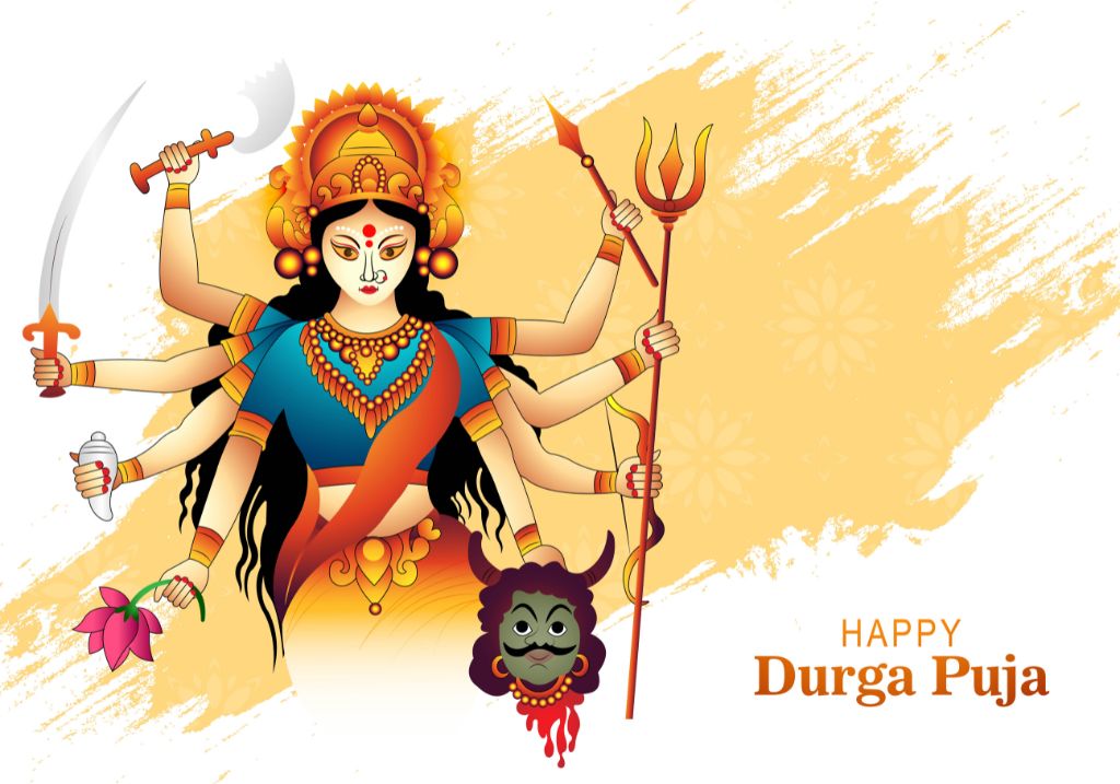 Illustration of Goddess Durga with Multiple Arms Holding Weapons, Symbolizing Strength and Power, Against a Yellow Background with Floral Motifs. Text Reads 'Happy Durga Puja'.