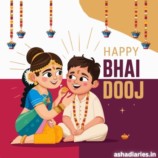 Illustration of a Sister Applying Tilak on Her Brother's forehead while celebrating Bhai Dooj. The brother and sister are smiling and wearing traditional Indian attire. The image is decorated with hanging lamps and reads 'Happy Bhai Dooj' in bold letters, with the ashadiaries.in watermark in the corner.