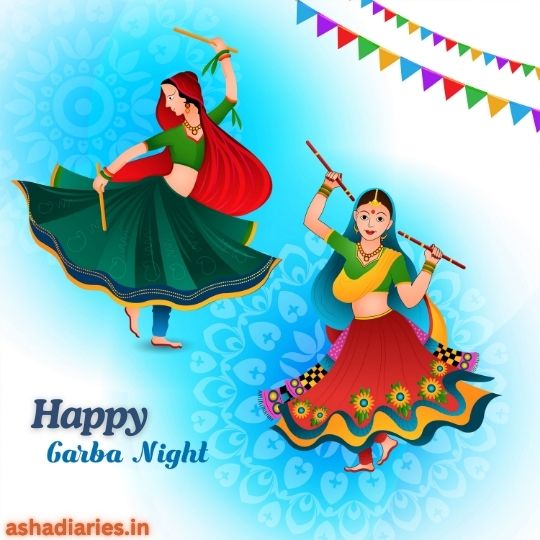 Two Women Dancing with Sticks in Colorful Traditional Attire for Garba Night with a Festive Background. Text Reads 'Happy Garba Night.