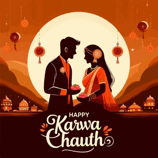 Illustration of a Couple Celebrating Karwa Chauth Under a Full Moon, with Festive Decorations and a Backdrop of Traditional Indian Architecture. the Text 'Happy Karwa Chauth' is displayed at the bottom.