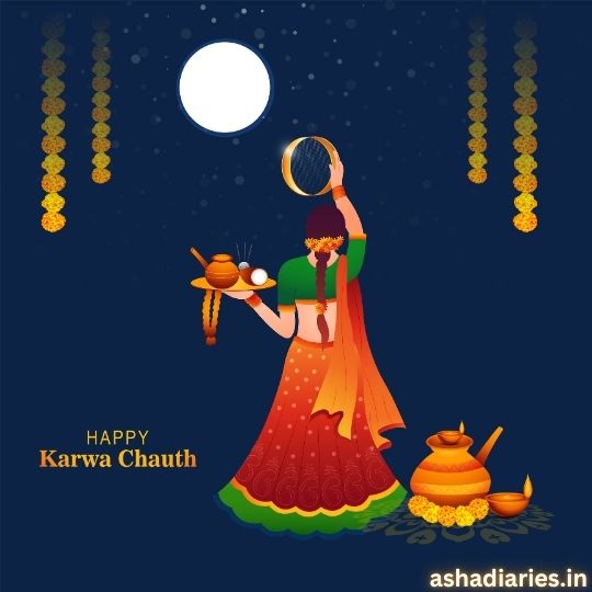 Illustration of a Woman Celebrating Karwa Chauth, Holding a Puja Thali and Looking at the Full Moon Through a Sieve, with Traditional Decorations in the Background. Text Reads 'Happy Karwa Chauth.' Image from ashadiaries.in.