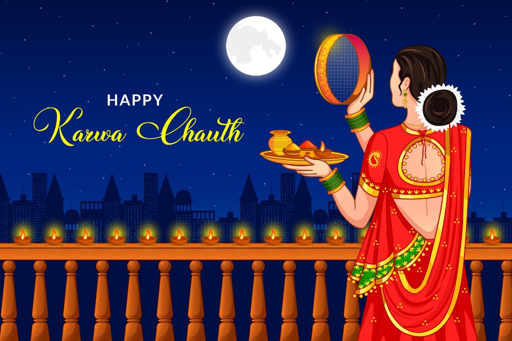 Illustration of a Woman Dressed in a Traditional Red Saree Celebrating Karwa Chauth, Holding a Puja Thali and Looking at the Full Moon Through a Sieve. the Background Features a Cityscape at Night with Oil Lamps Lit on the Balcony Railing. the Text 'Happy Karwa Chauth' is written in elegant font.