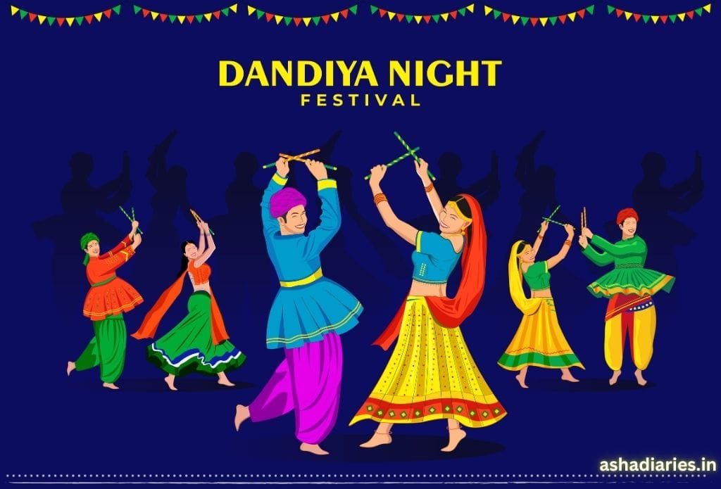 the Image Shows an Illustration of People Joyfully Dancing During a Dandiya Night Festival. Both Men and Women Are Dressed in Vibrant Traditional Gujarati Attire, Holding Dandiya Sticks and Participating in a Colorful Group Dance. the Background Features Shadowed Figures, and Festive Bunting Decorations Are Strung Across the Top. the Text "dandiya Night Festival" is Prominently Displayed at the Top of the Image, with the Website "ashadiaries.in" Mentioned at the Bottom Right Corner.