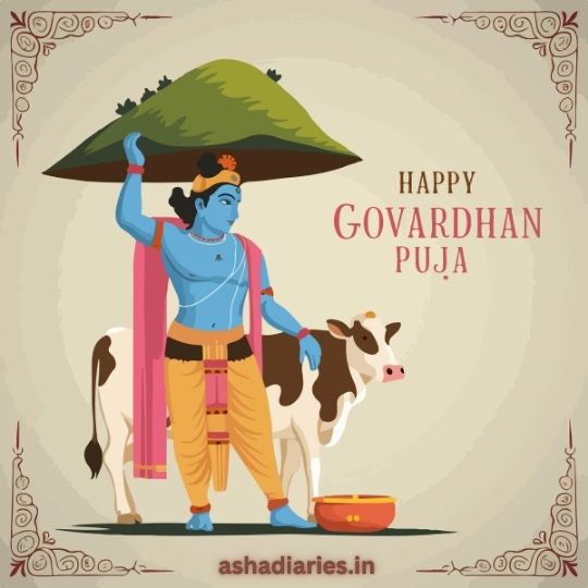 Illustration of Lord Krishna Lifting Govardhan Hill with One Hand, Standing Beside a Cow, with the Text 'Happy Govardhan Puja' and the website name ashadiaries.in at the bottom.