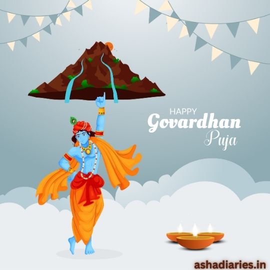 Illustration of Lord Krishna Lifting the Govardhan Hill with One Hand, Symbolizing the Celebration of Govardhan Puja. the Image Includes Festive Elements Like Diya Lamps and Banners, with a Message That Reads 'Happy Govardhan Puja'.