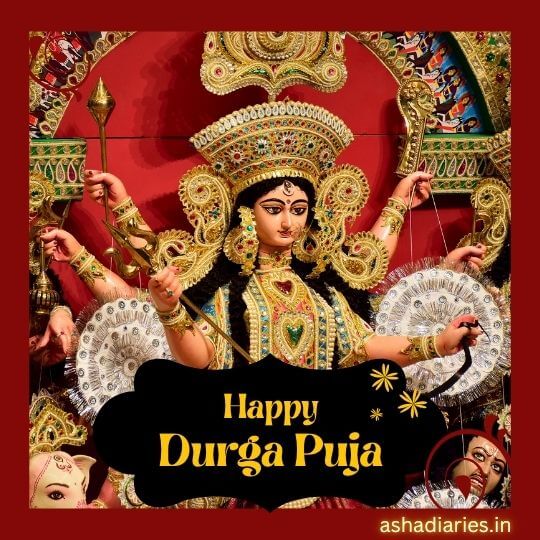 the Image Shows a Vibrant and Detailed Depiction of Goddess Durga, Adorned in Traditional Attire and Jewelry, Holding Weapons in Her Multiple Arms. the Background Includes Intricate Decorations, and There is a "happy Durga Puja" Message at the Bottom Center, Written in Gold Text Against a Black Backdrop. the Overall Theme of the Image Celebrates Durga Puja, with the Website "ashadiaries.in" Mentioned in the Lower Right Corner.