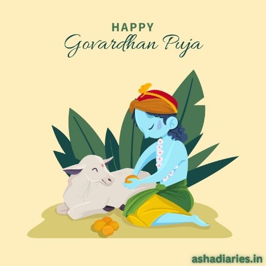 Illustration of Lord Krishna Sitting Beside a Cow, Celebrating Govardhan Puja with Fruits in Front, Wishing 'Happy Govardhan Puja'.