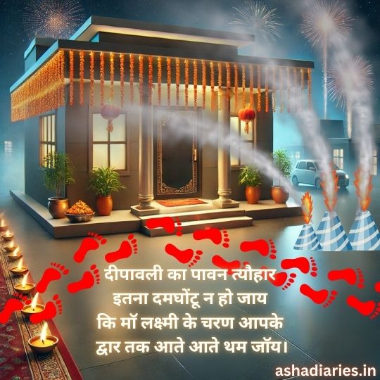 Diwali-themed Image of a Decorated House with Smoke-emitting Firecrackers, Red Footprints of Goddess Lakshmi Turning Back Due to Pollution, and Hindi Text Urging a Smoke-free Celebration to Welcome Blessings.