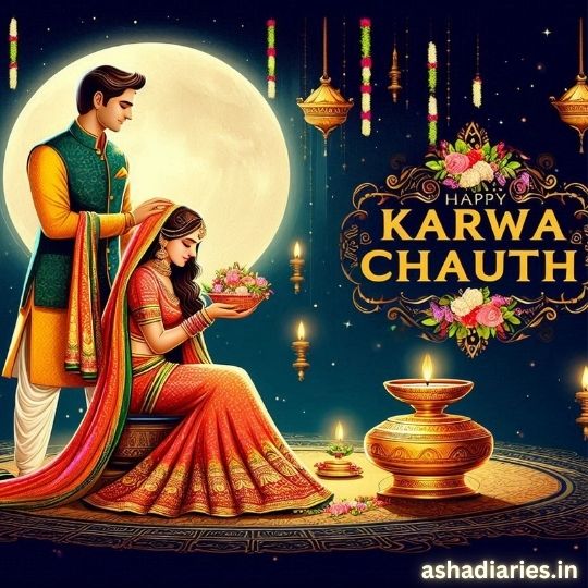 Beautiful Karwa Chauth Celebration Scene with a Wife Dressed in a Vibrant Red Saree Holding a Pooja Thali, While Her Husband in Traditional Attire Lovingly Stands Beside Her, Offering Support. the Couple is Depicted Under a Full Moon, Surrounded by Glowing Diyas and Hanging Lamps, Symbolizing the Auspicious Occasion. the Image is Adorned with Floral Decorations and the Text 'Happy Karwa Chauth' in an elegant font.