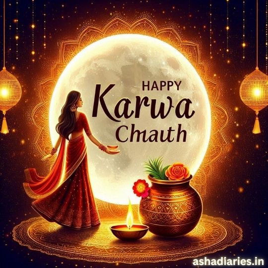 Beautiful Illustration of a Woman Dressed in Traditional Attire Offering Prayers on Karwa Chauth Night, with a Full Moon in the Background and a Decorated Karwa Pot and Diya in the Foreground. the Image is Adorned with Lanterns and Intricate Designs, with the Text 'Happy Karwa Chauth' displayed in the center.