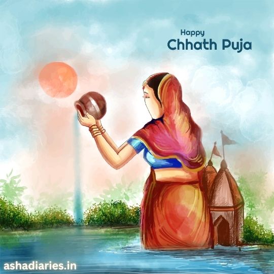 an Illustration of a Woman Performing Chhath Puja, Standing Waist-deep in Water, Offering a Clay Pot to the Rising Sun, with a Small Temple and Lush Greenery in the Background. the Sky is Painted in Warm Tones to Indicate Sunrise, and the Image Conveys a Serene, Devotional Atmosphere. the Text 'Happy Chhath Puja' is displayed at the top.