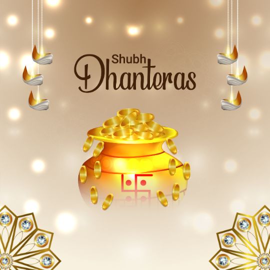 Shubh Dhanteras Greeting with a Pot of Gold Coins, Traditional Lamps, and Decorative Elements on a Glowing Background, Symbolizing Prosperity and the Celebration of Dhanteras.