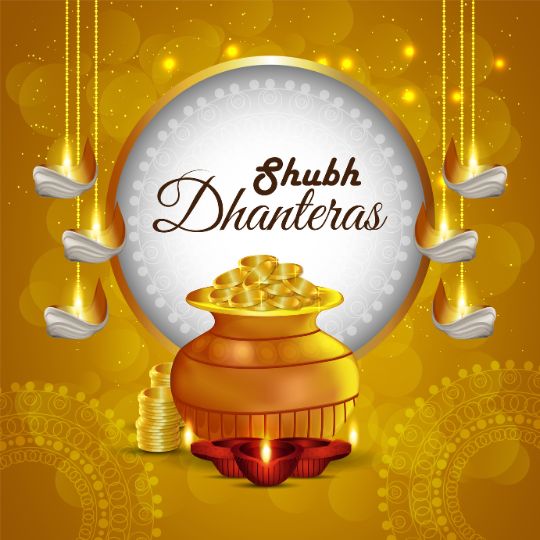 Shubh Dhanteras Greeting with a Pot of Gold Coins, Oil Lamps, and Decorative Golden Background, Symbolizing Prosperity and Wealth During the Dhanteras Festival.