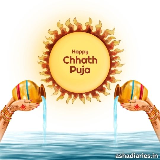 the Image Depicts a Creative Representation for Chhath Puja, Featuring Two Hands, Adorned with Traditional Jewelry and Mehndi, Each Holding an Ornate Brass Kalash (pot) with Water Spilling Out. Between the Hands, a Stylized Sun with Intricate Designs Radiates Warmth, with "happy Chhath Puja" Written Across It. the Scene is Set Against a Serene Water Background, Suggesting the Ritual of Offering Prayers to the Sun God During Chhath Puja.