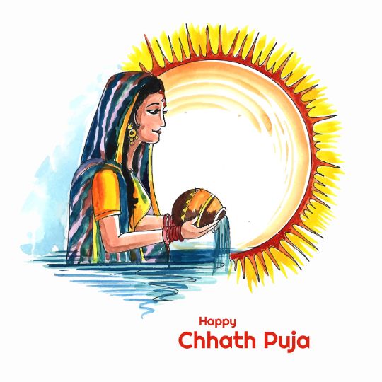 Happy Chhath Puja Greeting Card Featuring an Illustration of a Woman Performing Rituals in a Water Body, Holding a Traditional Offering Basket, with a Vibrant Sun in the Background, Symbolizing the Sun Worship Central to This Festival.