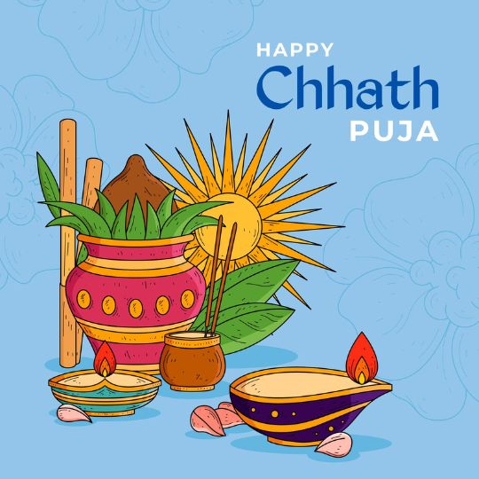 Colorful Illustration of Chhath Puja Celebration Elements, Featuring a Pot with Sugarcane, Leaves, Incense Sticks, Lit Oil Lamps (diyas), and the Sun in the Background, with the Text 'Happy Chhath Puja' on a light blue background.