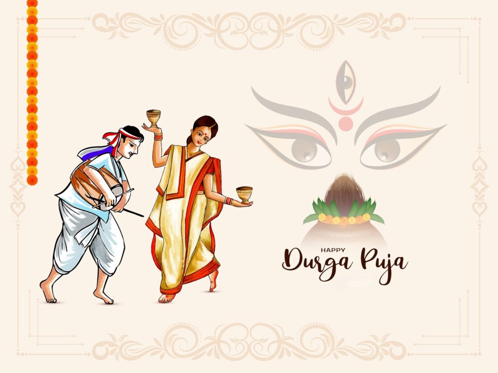 Illustration of a Man and a Woman Dressed in Traditional Bengali Attire, Performing the Dhunuchi Dance for Durga Puja. the Woman Holds a Dhunuchi (incense Burner), While the Man Plays the Dhak (traditional Drum). in the Background, There is an Artistic Depiction of Goddess Durga's eyes, along with a sacred pot adorned with leaves and flowers. The text 'Happy Durga Puja' is written at the bottom.