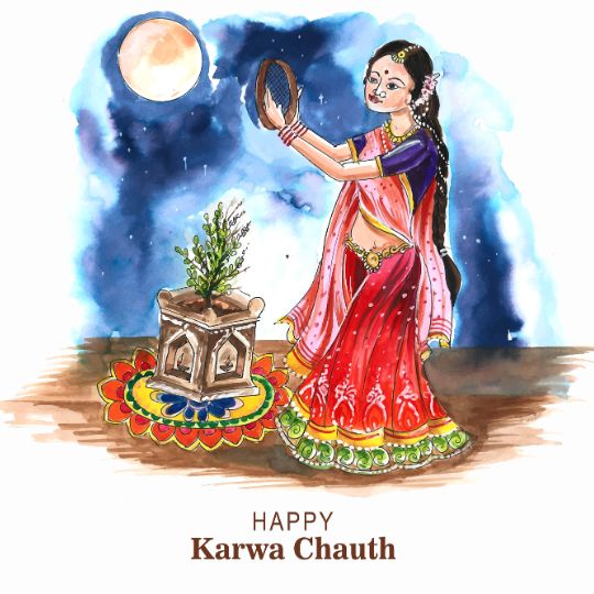 Watercolor Illustration of a Woman Dressed in a Traditional Red and Pink Sari Holding a Sieve While Performing Karwa Chauth Rituals Under the Full Moon, with a Decorative Altar and a Small Plant Nearby. the Image Features the Text 'Happy Karwa Chauth' at the bottom.