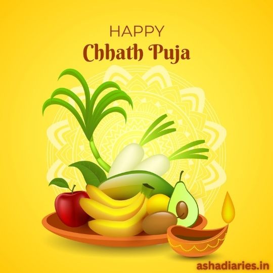 Happy Chhath Puja Image Featuring a Decorated Plate with Fruits Like Bananas, Apples, and Avocado, Along with Sugarcane, a Diya (lamp), and Traditional Offerings on a Bright Yellow Background.