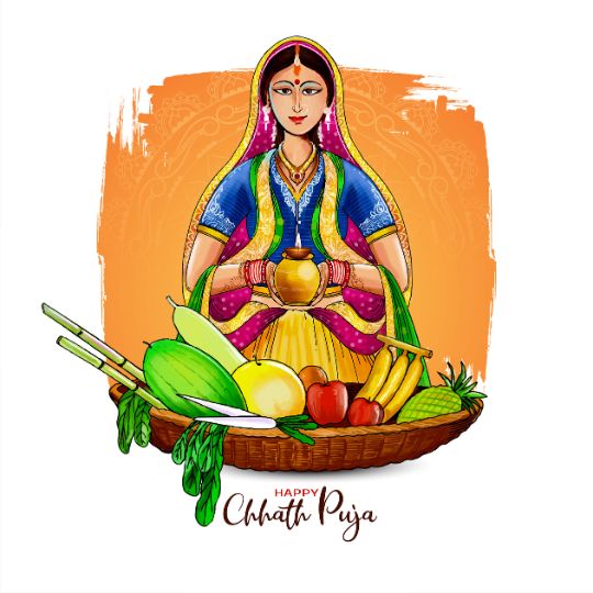 the Image Depicts a Woman in Traditional Indian Attire Sitting Behind a Basket Filled with Various Fruits and Vegetables, Such As Bananas, Apples, Pineapples, and Sugarcane. She is Holding a Small Earthen Pot. the Background is a Warm Orange Color with the Text "happy Chhath Puja," Indicating the Image's relevance to the Hindu festival dedicated to the Sun God. The style is vibrant and colorful, typical of festive Indian illustration.