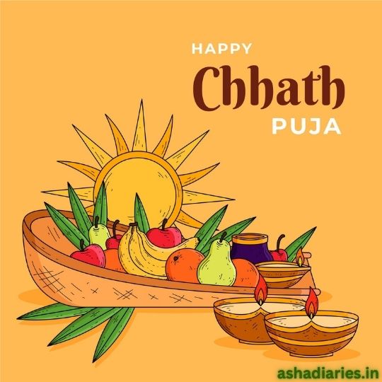 Happy Chhath Puja Celebration Illustration Featuring a Traditional Setup with a Variety of Fruits Like Bananas, Apples, and Pears in a Wooden Basket, with the Sun Depicted in the Background, Alongside Diyas (small Oil Lamps) and a Pair of Clay Pots, All Set Against a Warm Orange Background. the Text 'Happy Chhath Puja' is displayed at the top.