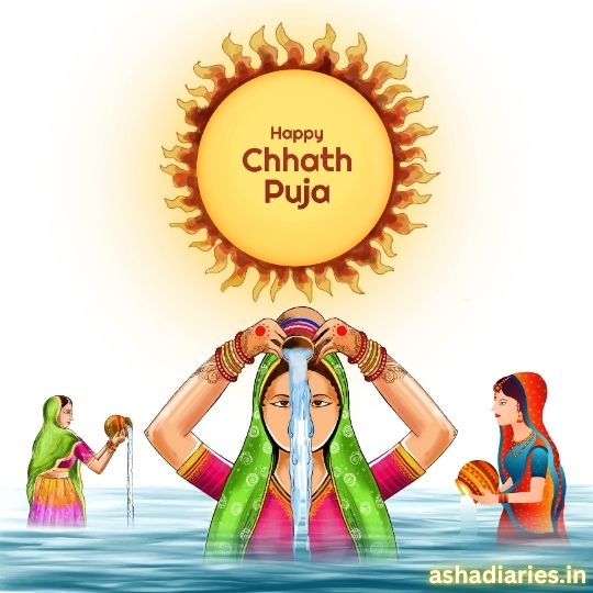 Colorful Illustration of Women Performing Chhath Puja, Standing in Water with a Radiant Sun in the Background, Offering Prayers and Holding Traditional Offerings.