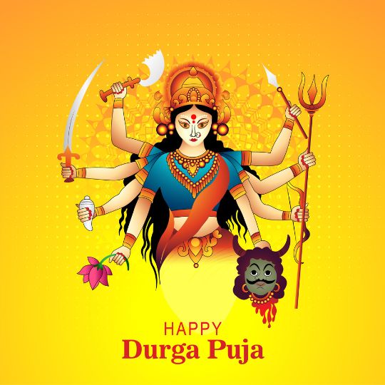 Illustration of Goddess Durga with Multiple Arms Holding Weapons, a Lotus Flower, and a Trident, Symbolizing Power and Victory, with a Bright Yellow Background and the Text 'Happy Durga Puja' below.