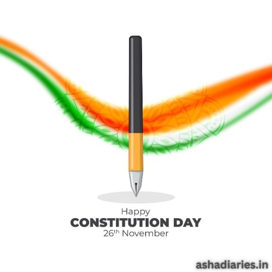 Illustration of a Fountain Pen with Tricolor Swirls Representing the Indian Flag, Symbolizing the Significance of Constitution Day Celebrated on 26th November, with the Text 'Happy Constitution Day' at the bottom.