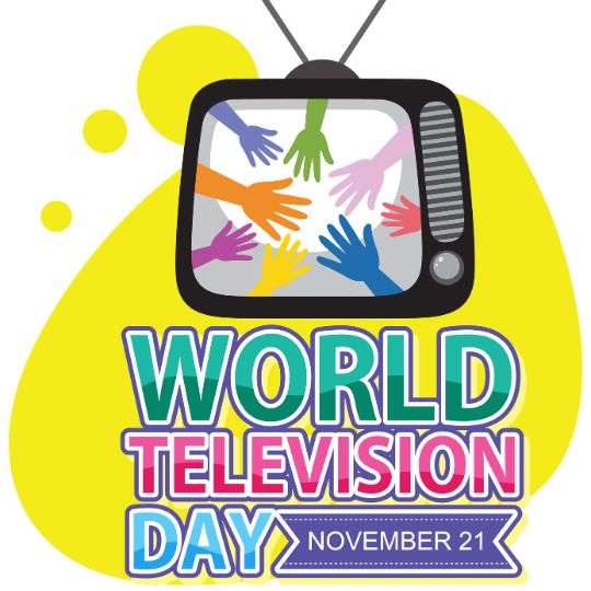 Illustration for World Television Day on November 21 Featuring a Retro-style Television with Colorful Hands Reaching out on the Screen, Symbolizing Unity and Connection, with Vibrant Typography and a Yellow Background.