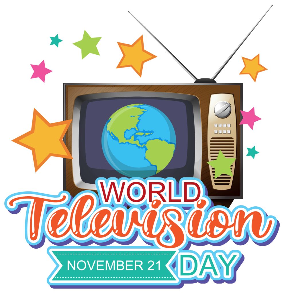 Illustration Celebrating World Television Day on November 21, Featuring a Vintage Television with a Globe on the Screen, Surrounded by Colorful Stars.