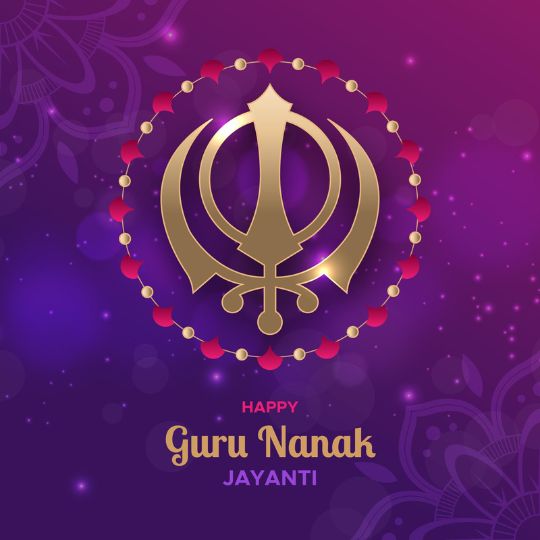 Golden Khanda Symbol with a Decorative Circular Frame, Set Against a Purple Background with Floral Patterns and Lights. Text Below Reads 'Happy Guru Nanak Jayanti' in elegant fonts.