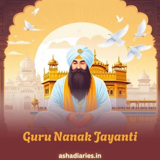 Illustration of Guru Nanak Dev Ji Seated in Meditation Pose in Front of the Golden Temple with a Serene Sunrise Background, White Doves Flying in the Sky, and Decorative Arch Framing the Scene. Text Reads 'Guru Nanak Jayanti' and 'ashadiaries.in' at the bottom.