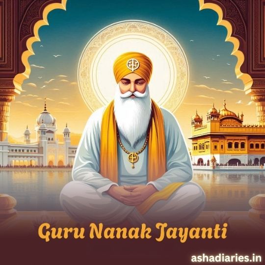 Illustration of Guru Nanak Dev Ji Seated in Meditation with a Glowing Halo, Symbolizing Peace and Spirituality, Set Against the Backdrop of the Golden Temple and Architectural Arches. the Text 'Guru Nanak Jayanti' is displayed at the bottom, along with the website name ashadiaries.in.