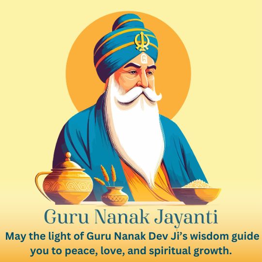 Illustration of Guru Nanak Dev Ji with a Calm and Wise Expression, Dressed in Traditional Attire with a Blue Turban Adorned with a Sikh Symbol. Surrounding Him Are Traditional Clay Vessels and Wheat Grains, Symbolizing Abundance and Humility. Text Reads 'Guru Nanak Jayanti: May the light of Guru Nanak Dev Ji’s wisdom guide you to peace, love, and spiritual growth.'