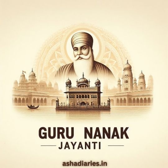 Illustration of Guru Nanak Dev Ji with a Serene Backdrop of a Gurudwara and Architectural Elements, Celebrating Guru Nanak Jayanti with a Peaceful, Devotional Theme; Website Ashadiaries.in is Mentioned at the Bottom.