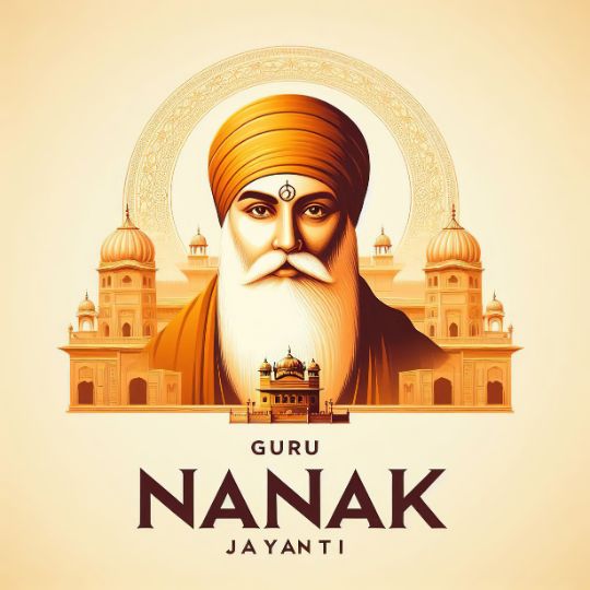 Illustration of Guru Nanak Dev Ji with a Serene Expression, Wearing an Orange Turban, with a Backdrop of a Sikh Temple, Domes, and an Ornate Circular Halo. Text Reads 'Guru Nanak Jayanti' in bold, emphasizing the celebration of the spiritual leader's birth anniversary.