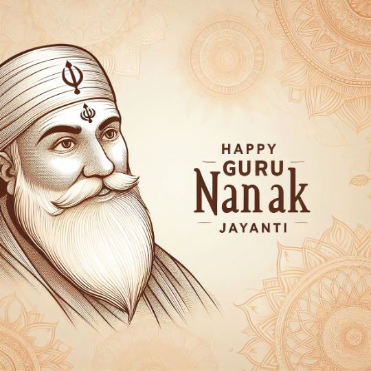 Illustration of Guru Nanak Dev Ji with a Calm Expression, Wearing a Turban Marked with Sikh Symbols. the Background Features Mandala Patterns in Soft Beige Tones, and the Text Reads 'Happy Guru Nanak Jayanti' in a decorative font.