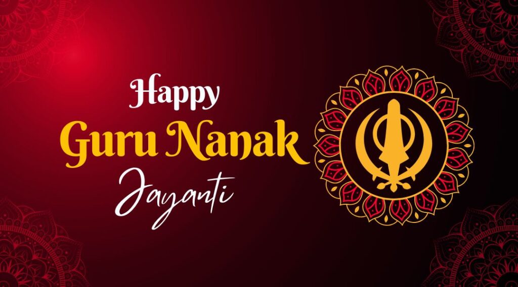 Happy Guru Nanak Jayanti Greeting Card with a Dark Red Background, Featuring Decorative Patterns and the Khanda Symbol in Yellow and Red Colors, Symbolizing the Sikh Faith.