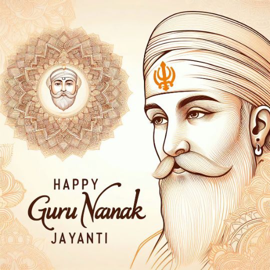 Illustration of Guru Nanak Dev Ji with Intricate Floral Patterns and an Ornate Background. Text Reads 'Happy Guru Nanak Jayanti' in a stylish font. The image celebrates the birth anniversary of Guru Nanak, founder of Sikhism, with a serene and respectful tone.