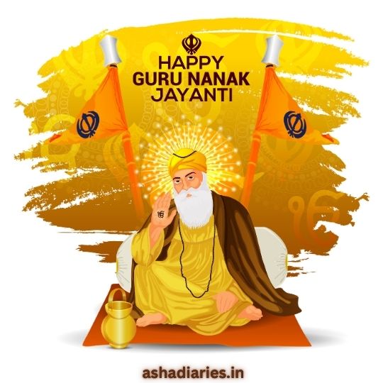 Illustration of Guru Nanak Dev Ji Seated with a Peaceful Expression, Symbolizing Guru Nanak Jayanti. the Image Features a Bright Golden Background with Sikh Religious Symbols and the Text 'Happy Guru Nanak Jayanti.' Two flags with the Khanda symbol are placed on either side, and the ashadiaries.in website is mentioned below.