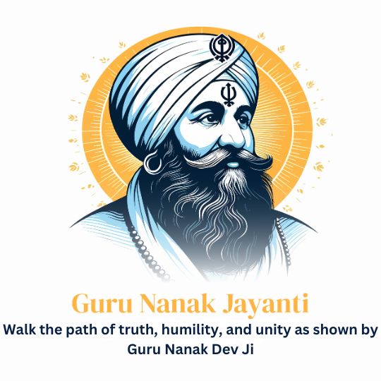 Illustration of Guru Nanak Dev Ji with a Halo, Symbolizing Guru Nanak Jayanti. Text Reads: 'Walk the path of truth, humility, and unity as shown by Guru Nanak Dev Ji.'