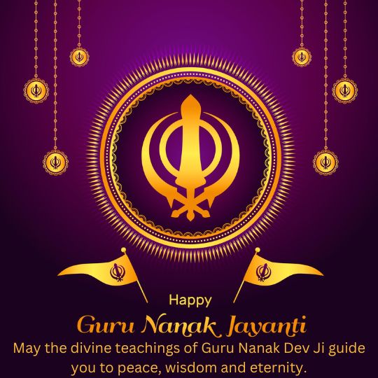 Vibrant Guru Nanak Jayanti Greeting Card with Golden Khanda Symbol on a Purple Background, Featuring Decorative Hanging Symbols and Flags. the Message Reads, 'Happy Guru Nanak Jayanti. May the divine teachings of Guru Nanak Dev Ji guide you to peace, wisdom, and eternity.'