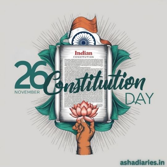 Illustration of Indian Constitution Day Celebrated on 26th November, Featuring a Hand Holding a Lotus, the Indian Constitution, and the National Flag.