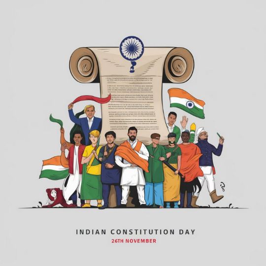 Illustration of Indian Constitution Day, Celebrated on 26th November, Featuring a Diverse Group of People Representing India's unity in diversity, standing in front of a scroll depicting the Indian Constitution with the Ashoka Chakra on top and Indian flags.