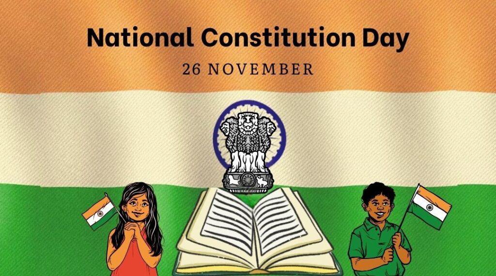 Illustration of India's National Constitution Day, celebrated on 26th November, featuring the Indian tricolor as the background, the national emblem in the center, an open Constitution book below it, and cartoon illustrations of a girl and a boy holding Indian flags on either side.