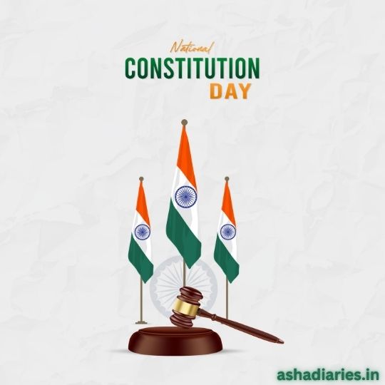 National Constitution Day Illustration Featuring Three Indian Flags with Ashoka Chakra, a Gavel Symbolizing Justice, and the Text 'National Constitution Day' on a light textured background.