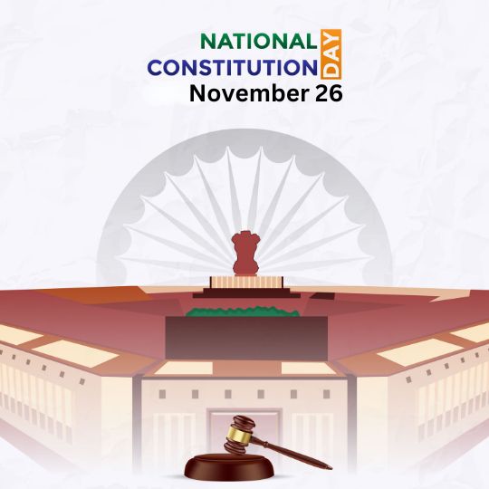 National Constitution Day November 26 - Illustration Featuring the Indian Parliament, the Ashoka Emblem, and a Gavel Symbolizing Justice.