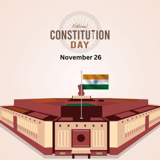 Illustration of the Indian Parliament Building with the Indian Flag at the Center, Commemorating National Constitution Day on November 26.