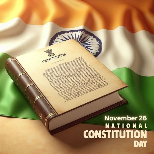 National Constitution Day of India - November 26: Image of the Indian Constitution Book Placed on a Waving Indian Tricolor Flag, Symbolizing the Importance of the Day.