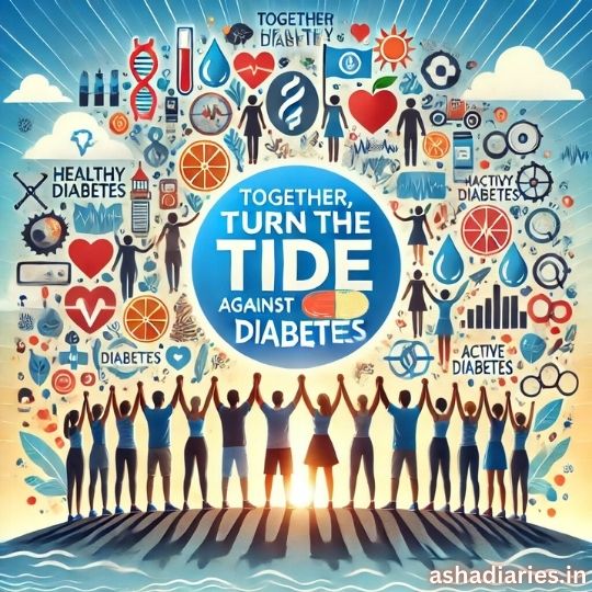 a Vibrant Illustration Promoting Diabetes Awareness with the Central Message, "together, Turn the Tide Against Diabetes." the Image Features a Diverse Group of People Standing Hand-in-hand at the Bottom, Symbolizing Unity and Support. Surrounding the Message Are Various Icons Related to Diabetes, Including Hearts, Blood Sugar Monitors, Dna Symbols, Healthy Lifestyle Symbols, and Activity Icons. the Background Shows Rays of Light, Emphasizing Hope and the Collaborative Effort to Combat Diabetes.